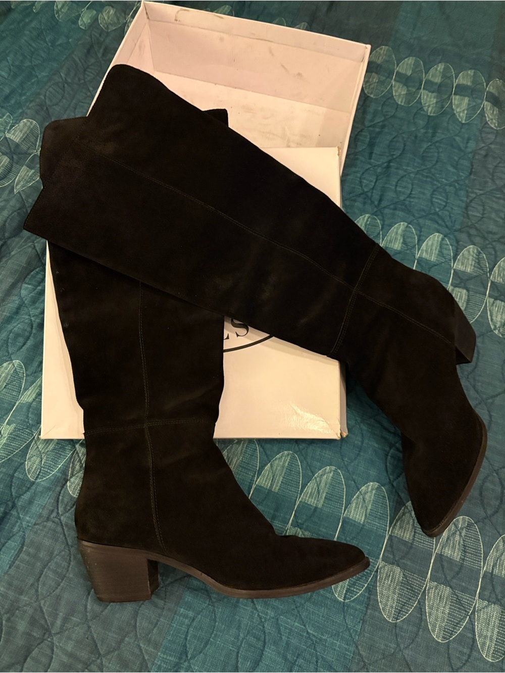 Black suede boots. Nothing more. Nothing less. Over the knee.